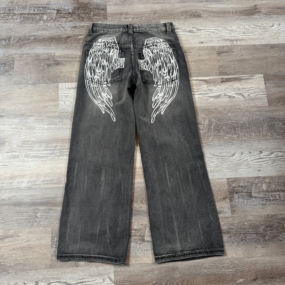 Disclosure Black Angel Wing Wide Leg Jeans Washed Denim Y2K Grunge Emo Goth 7/28